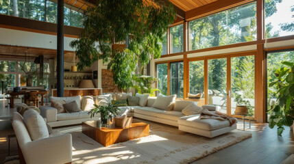 Fototapeta premium Biophilic family living room with indoor trees, earthy textures, and large windows that connect to nature