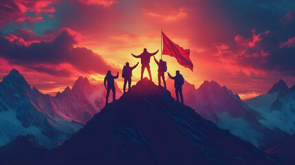 Fototapeta premium Group of professionals celebrating success on top of a mountain, teamwork concept, abstract vector style