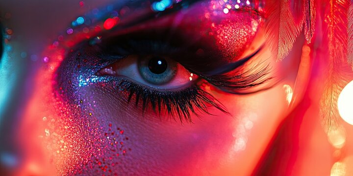 Spotlight detail shot of drag queen performer on stage with focus on eyes with extravagant make up, copy space