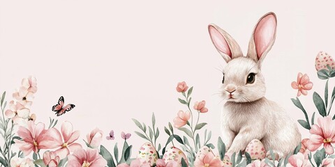 Fototapeta premium 3d background minimalistic mockup with space for text, delicate hand-drawn Easter bunny surrounded by watercolor flowers