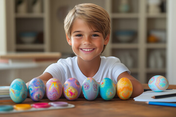 Fototapeta premium Cheerful Boy with Colorful Easter Eggs at Home