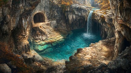 Hidden Waterfall Pool in Autumn Cave