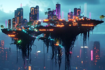 Futuristic Floating Island Cityscape with Neon Lights and Modern Architecture