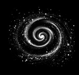 Vector illustration of a mesmerizing spiral galaxy, composed of white dots on a black background. The design radiates cosmic beauty and mystery, capturing the essence of the universe's swirling energy