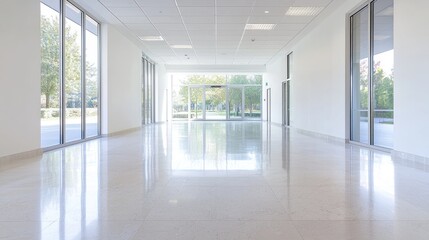 Fototapeta premium Empty modern hallway with large windows overlooking a garden. Possible use showcasing architectural design, commercial space