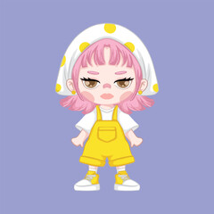 Cute Little Girl with pink hair Vector Illustration