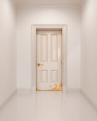 distressed white door with gold accents in a classic interior