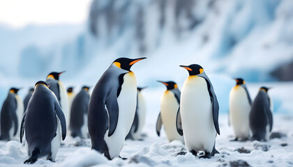 Naklejka premium Group of king penguins standing on snow.