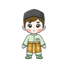 Cute Cartoon Muslim Boy in Traditional Clothes Vector Illustration.