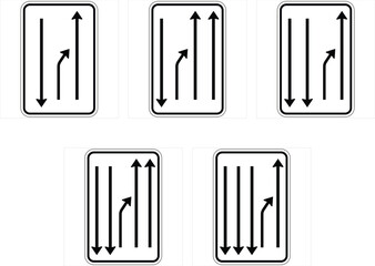Five regulatory road signs indicating permitted driving directions in each lane, guiding traffic flow and enhancing road safety