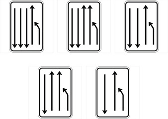 Set of regulatory road signs indicating lane directions with added lane