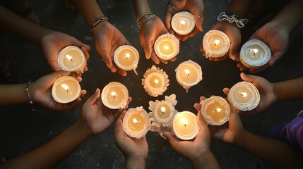 A group of people holding lit candles in a circle.