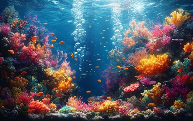 Naklejka premium A thriving coral reef, bustling with schools of fish and diverse marine life, creating a captivating underwater neighborhood brimming with energy and vibrant color