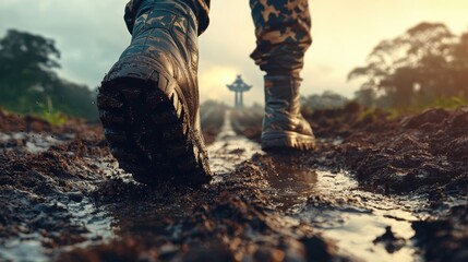 A muddy path leading to a temple in the distance.