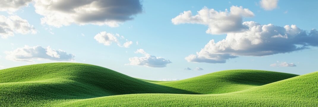 3d background minimalistic mockup with space for text, rolling green hills under a bright blue sky with soft fluffy clouds
