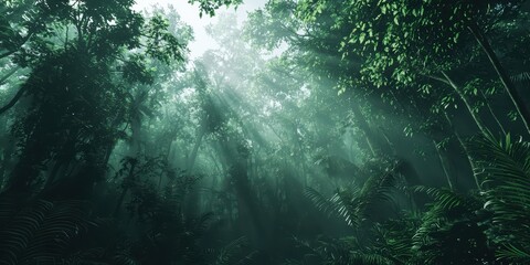 Fototapeta premium 3d background minimalistic mockup with space for text, dense rainforest with mist rolling through the towering trees