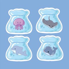Set of cute cartoon whales and jellyfishes in plastic bags. Vector illustration.