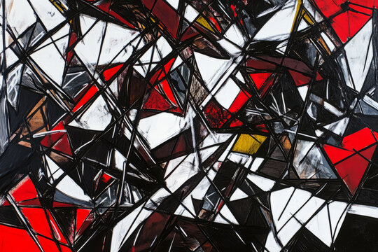 Illustration of a chaotic abstract composition with jagged lines and sharp angles in shades of black, red, and white. The contrasting colors and aggressive shapes create a sense of tension and drama.
