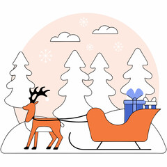 Christmas Reindeer Sleigh Gifts Line Art Illustration - Festive Winter Scene.