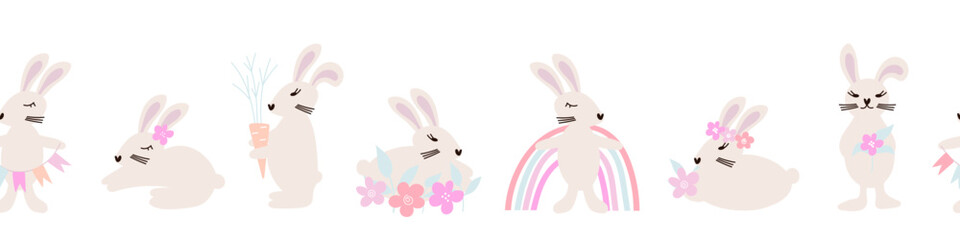 Easter border with flowers and  bunnies