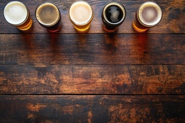 A row of five craft beer glasses with different types of beer placed on a rustic wooden table, viewed from above. Perfect for brewery promotions, beer tasting events, and pub advertising
