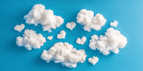 Whimsical Cotton-Like Clouds Arranged In Heart Shapes Against Vibrant Blue Background Creating Playful Romantic Atmosphere