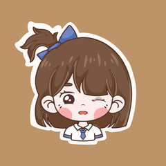 Cute cartoon girl with blue bow. Vector illustration, isolated on brown background.