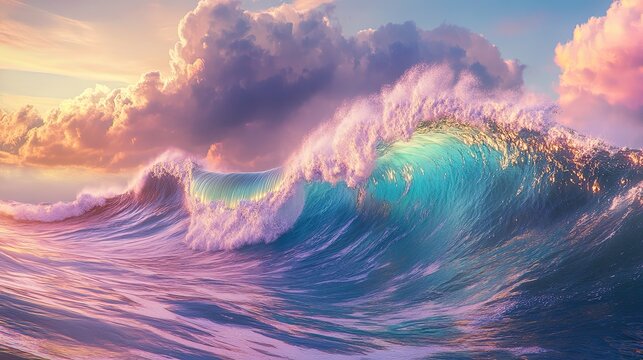 wide view, high angle, waves about to hit very high, rainbow colored waves, very high wave height, rainbow colored spindrift, rainbow colored sea, blue