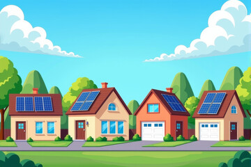 Naklejka premium A suburban neighborhood with multiple homes using rooftop solar panels