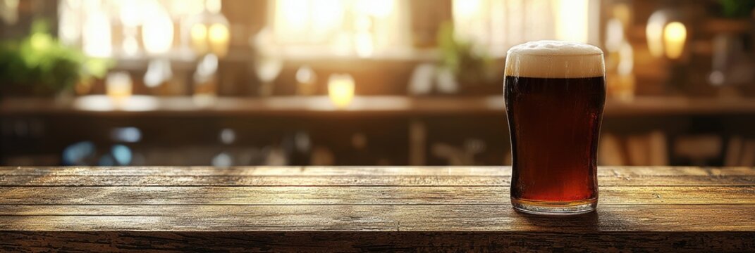 3d background minimalistic mockup with space for text, rustic pub wooden table with frothy Irish stout and soft lighting