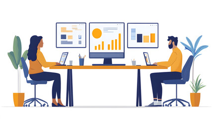 Workplace productivity enhancement, professionals reviewing sales reports and efficiency graphs, modern vector illustration