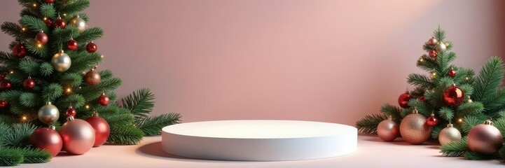 Round white podium with Christmas ornaments and tree, decorative accents, round podium, festive atmosphere