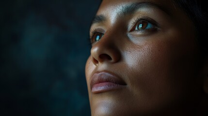 Close-up portrait of a woman with striking features and captivating gaze against a dark background