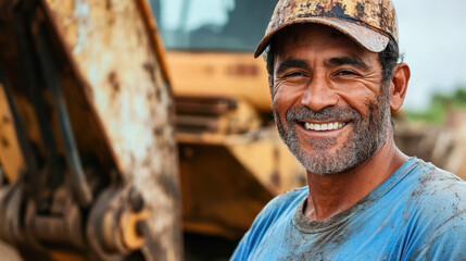 Brazilian construction worker smiles confidently while working on a project, happily interacting with the construction equipment around him