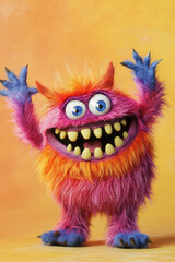 A friendly monster covered in soft, fluffy fur, waving with a big toothy grin. The vibrant, playful design makes it look like a character from a children storybook.