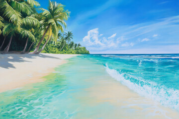 Illustration of a calm beach with crystal clear turquoise waters gently lapping against the shore. Palm trees sway in the breeze, and the sky is bright and clear, evoking a serene tropical paradise.