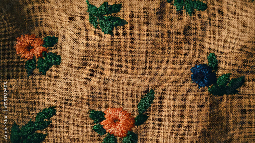 Poster rustic burlap background with colorful embroidered flowers for craft and textile design