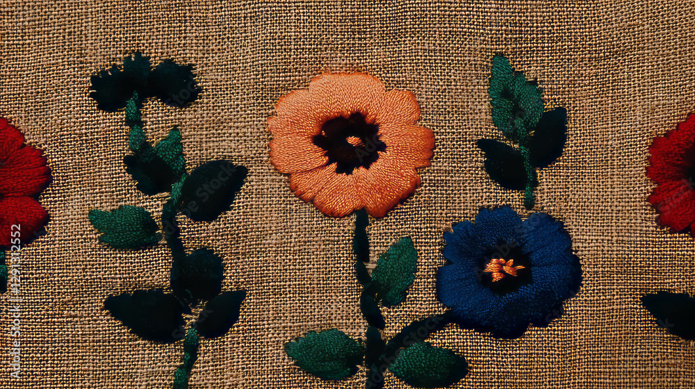 Poster rustic burlap background with colorful embroidered flowers for craft and design
