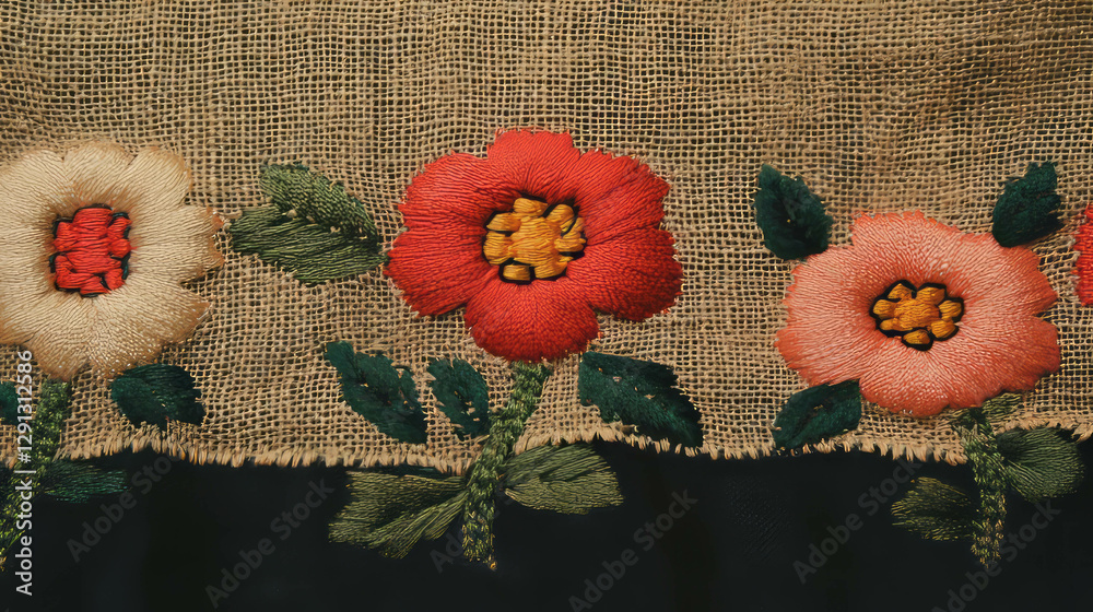 Poster burlap texture with colorful embroidered flowers for rustic designs