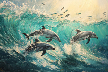 Fototapeta premium A playful group of dolphins swimming through turquoise waters, jumping and twirling in the waves. The sunlight creates a sparkling effect on the water, while schools of fish dart beneath the surface.