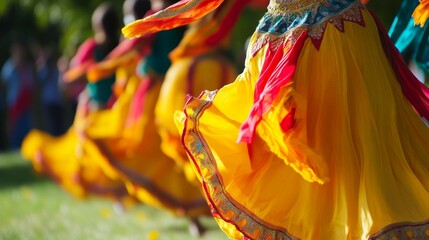 Colorful traditional dancers in vibrant costumes performing gracefully in a lively outdoor setting