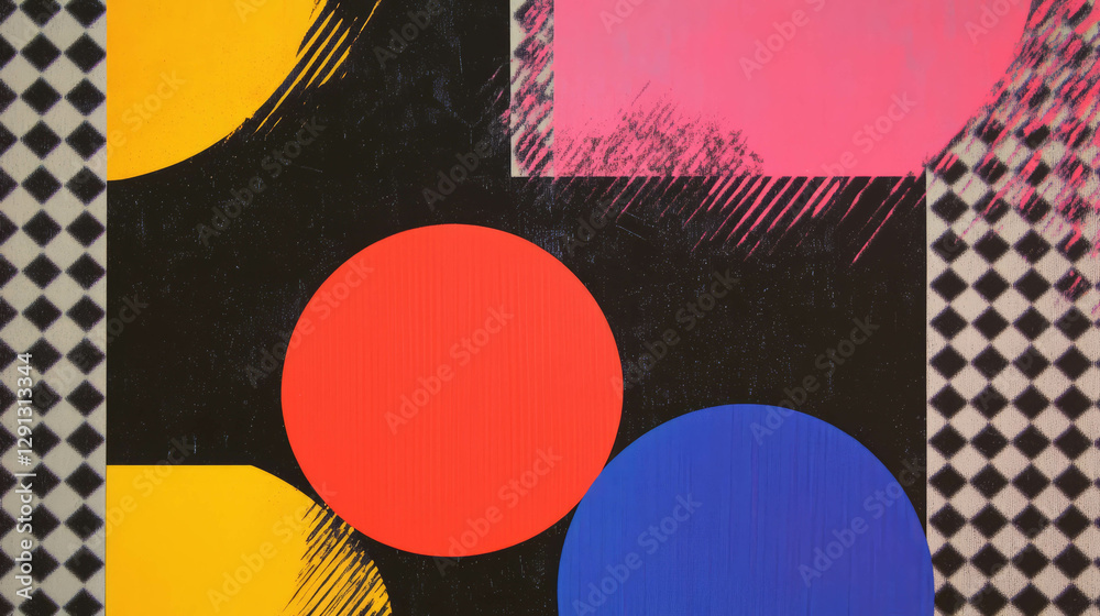 Poster vibrant checkerboard pattern with bold geometric shapes for creative background design