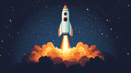 High-energy startup growth, entrepreneur fueling an innovative rocket launch, futuristic success concept, vector illustration