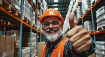 A middle-aged worker in safety gear smiles and gives a thumbs up while standing in a well-organized storage facility surrounded by boxes