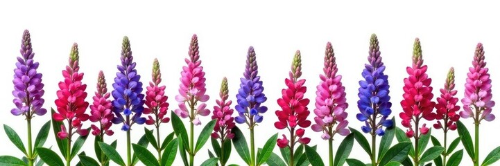 Fototapeta premium Row of Salvia flowers against a plain white background, botanical, stems, clean
