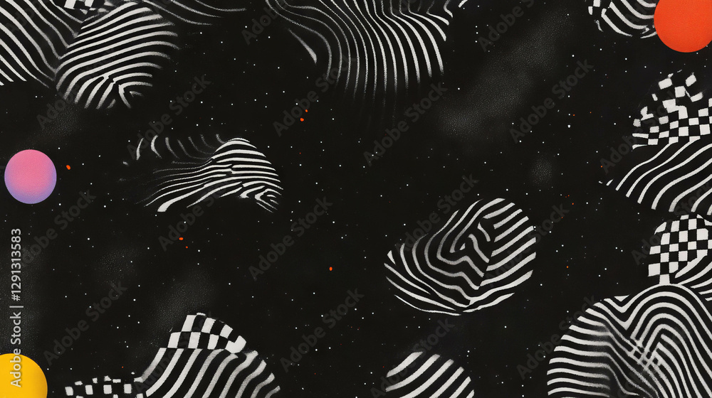 Poster Abstract checkerboard and squiggle patterns on a cosmic background