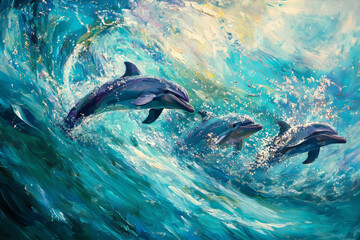Fototapeta premium A playful group of dolphins swimming through turquoise waters, jumping and twirling in the waves. The sunlight creates a sparkling effect on the water, while schools of fish dart beneath the surface.