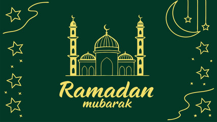 Ramadan kareem greeting card, vector illustration of a mosque, arabic islamic calligraphy of Ramadan Kareem, 