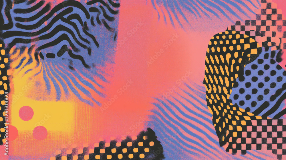 Poster Vibrant abstract background with checkerboard patterns and squiggles for modern design