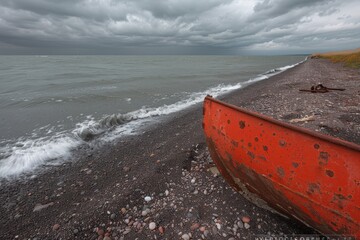 An abandoned orange boat rests on a rocky shore as waves lap against the shoreline under a cloudy sky.